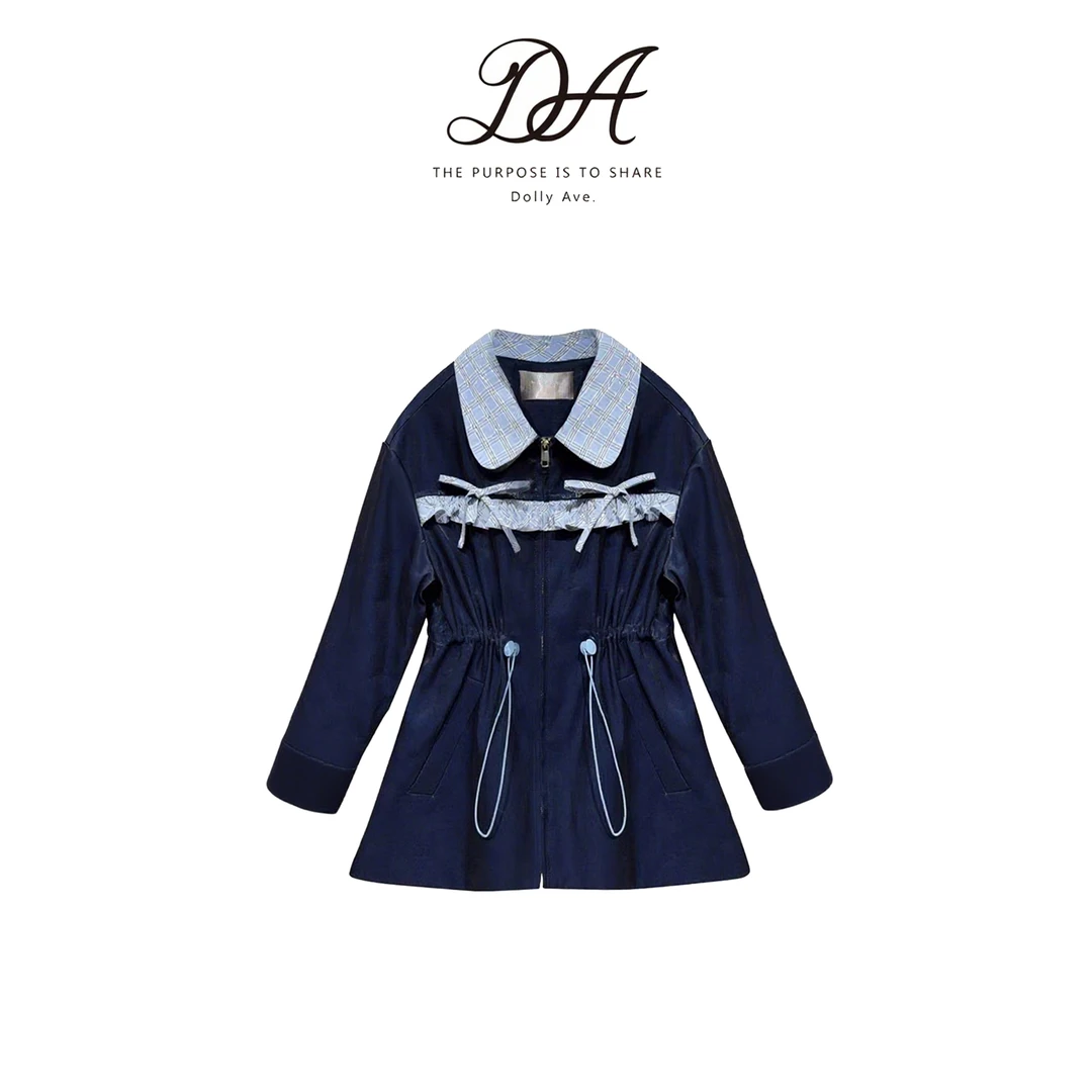 【现货】DollyAve 「黑标系列」MIU系琉光缎格纹收腰女童秋款风衣