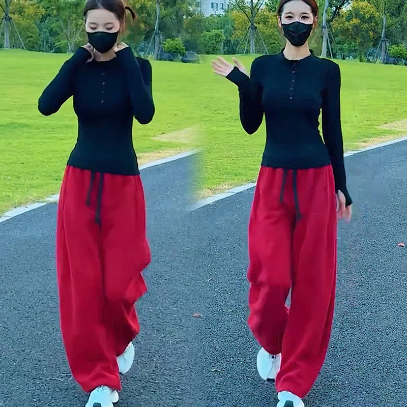 时尚套装女修身秋季新款半开领长袖T恤打底上衣休闲阔腿裤两件套