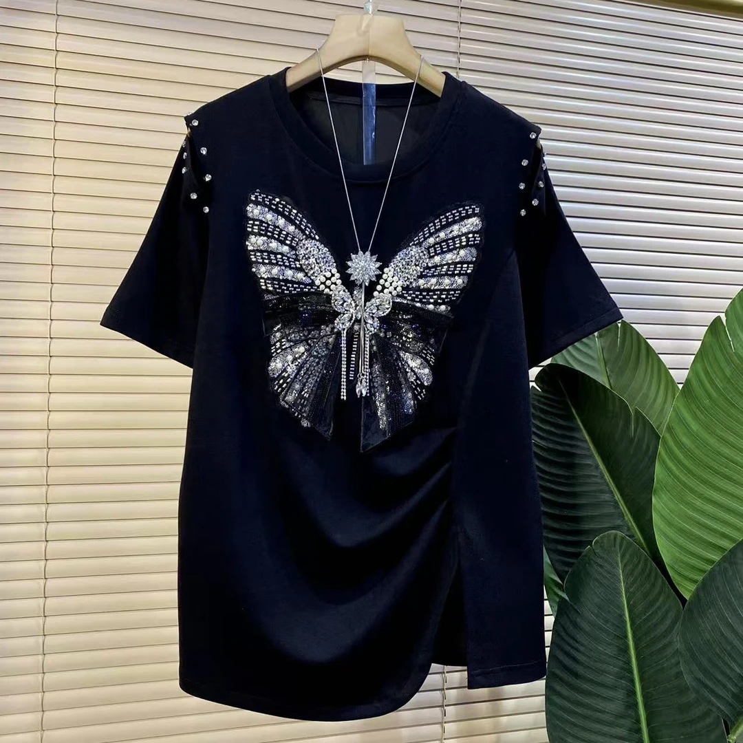 J欧货时尚新款重工亮闪闪蝴蝶拼接洋气短袖上衣