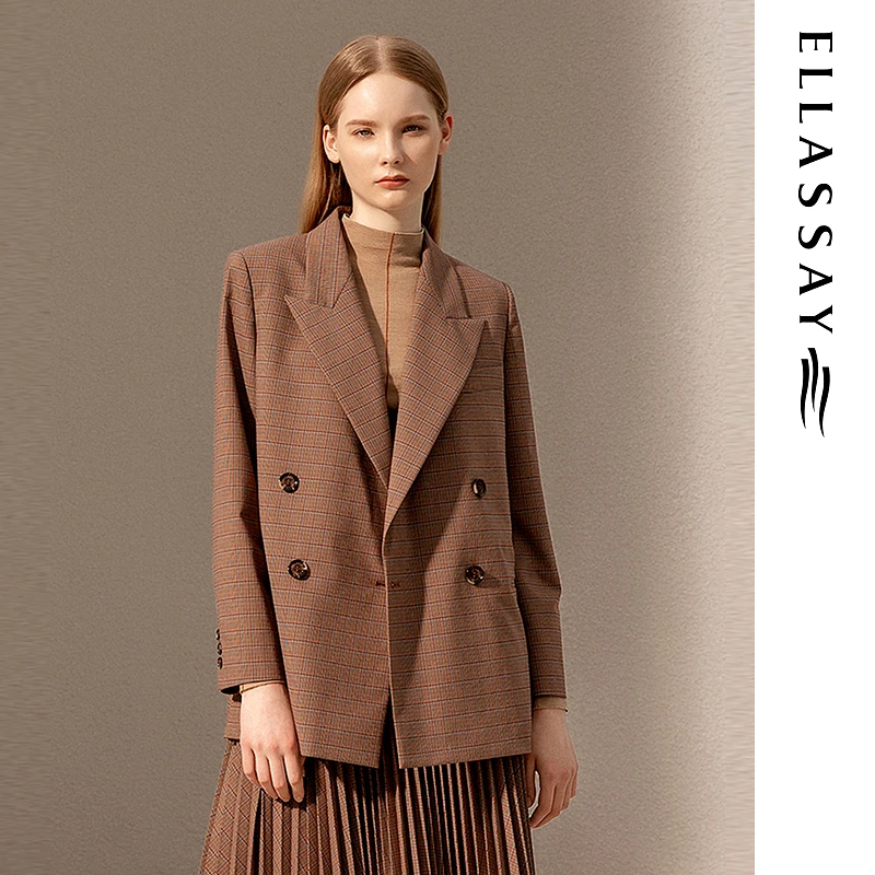 【晨粉专享】ELLASSAY秋季新款红粉格纹直筒通勤西装EWD333T00800