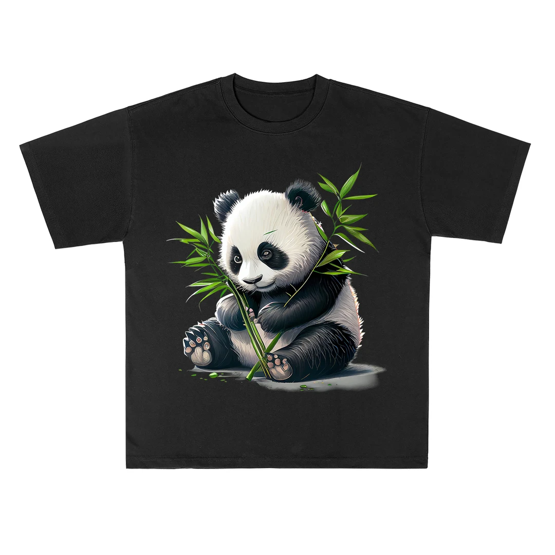 BROADTRUE新疆长绒棉纯棉宽松时尚百搭圆领宽松印花短袖T恤熊猫