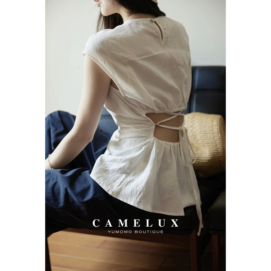 【M】crush小腰精 凉感竹节纹 法式后背镂空绑带露腰上衣 QCA2043