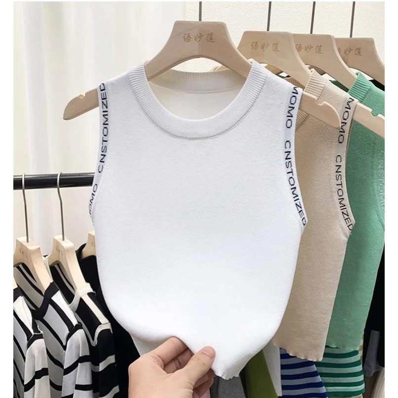 广州十三行品质捡漏~高级感字母印花无袖短款上衣针织背心女外穿