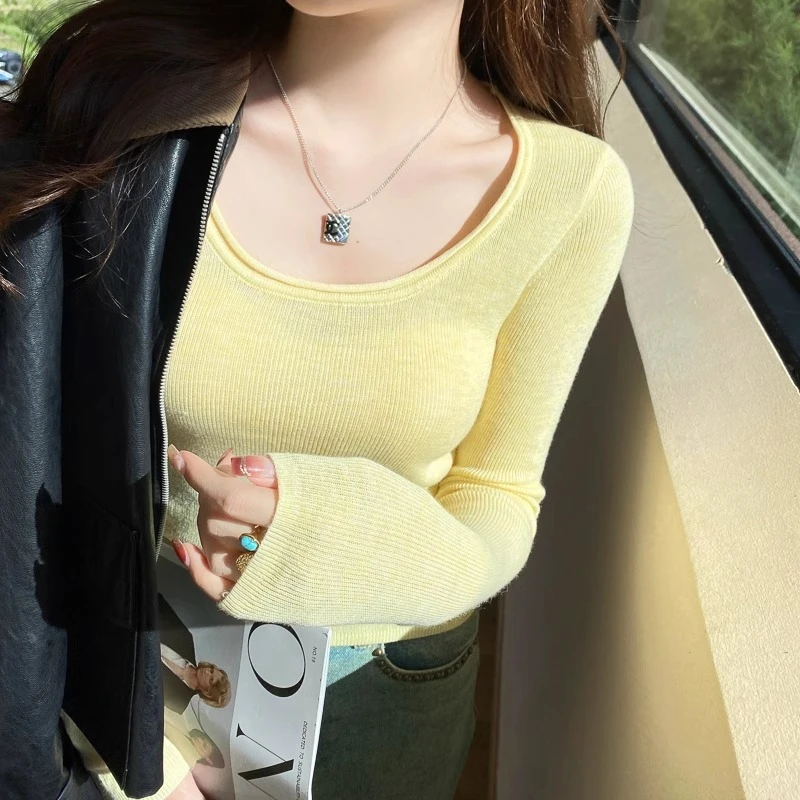 黄色圆领针织衫女内搭2025春装修身显瘦开春穿搭毛衣外穿长袖上衣