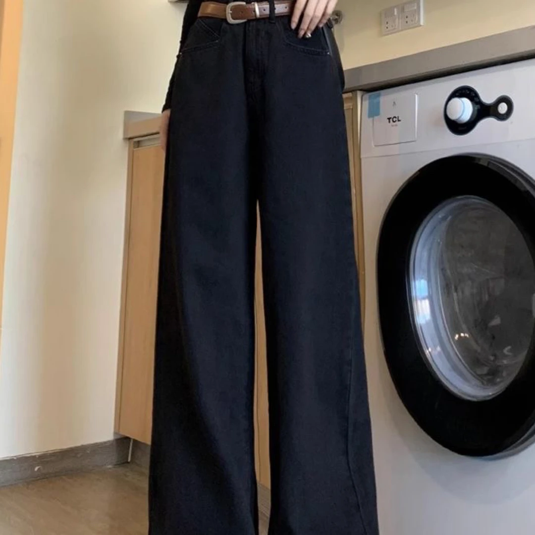 135高腰显瘦黑色阔腿牛仔裤女宽松不贴腿适合梨形身材
