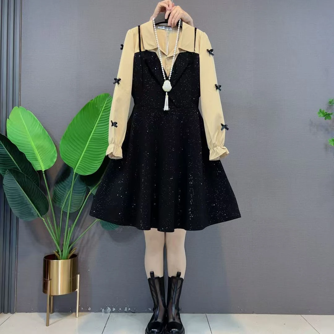 欧货洋气百搭时尚韩版气质蝴蝶结拼接亮星收腰显瘦性感连衣裙