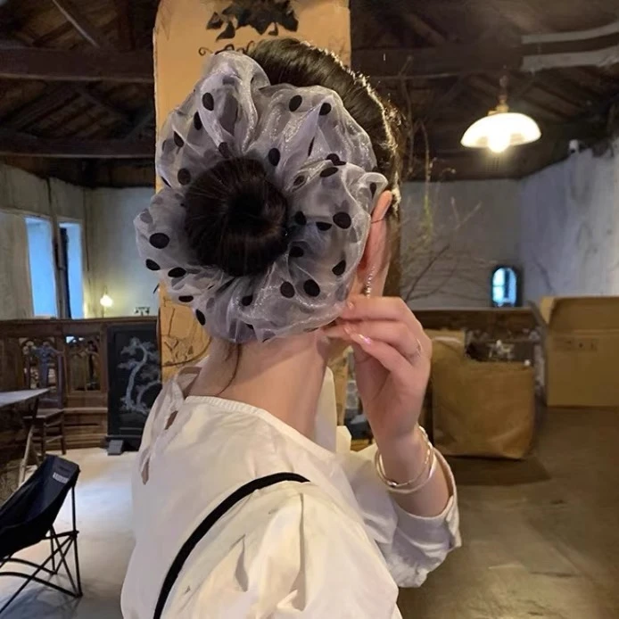 韩国欧尼波点网纱双层大肠发圈气质百搭时尚新款丸子头发饰直径20