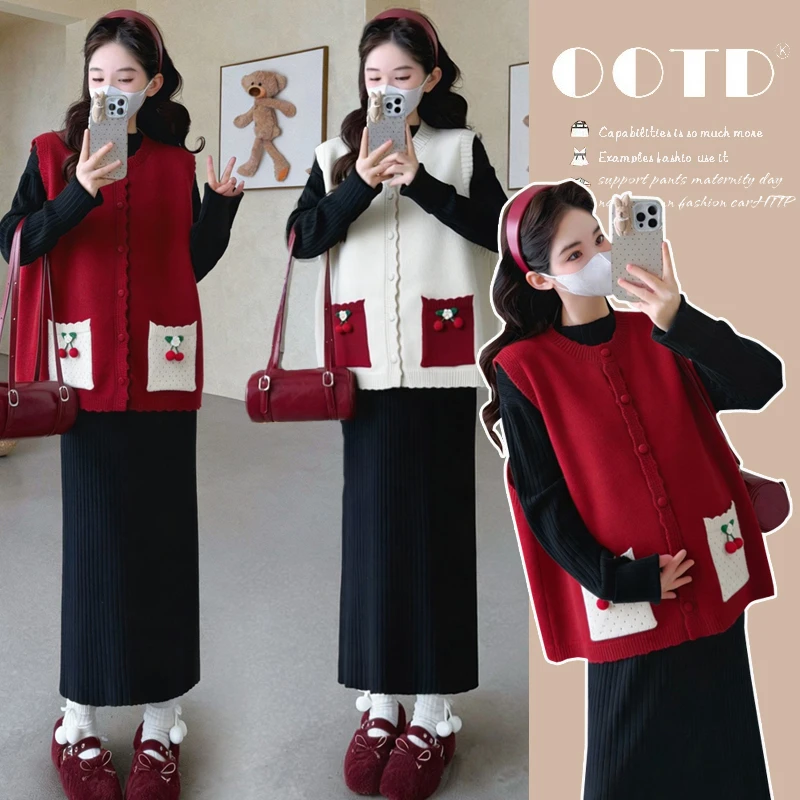 秋冬新款网红时尚樱桃拼接马甲打底裙高品质百搭减龄时髦孕妇套装
