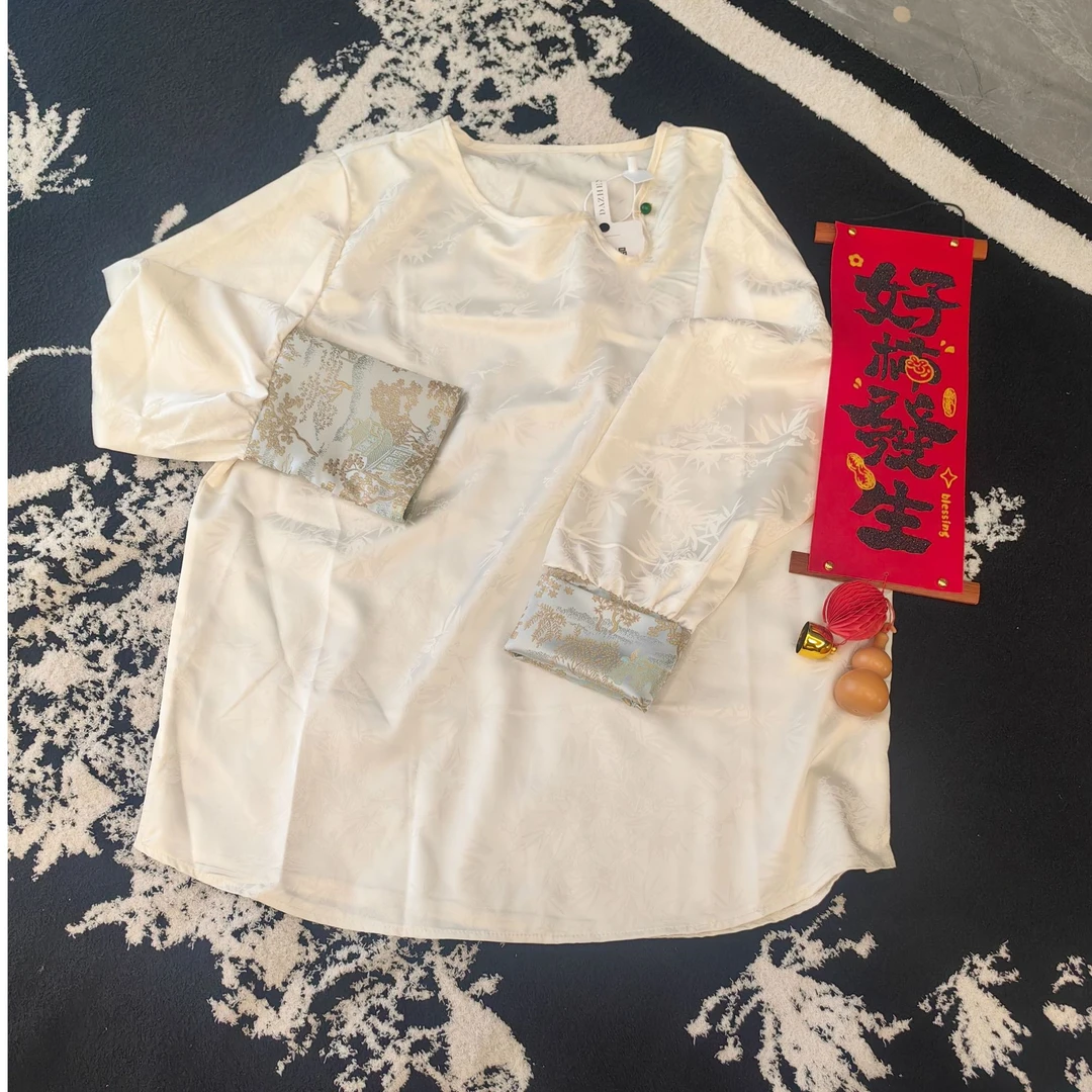 新中式国风缎面提花衬衫女早春季大码胖MM唐装中长款上衣