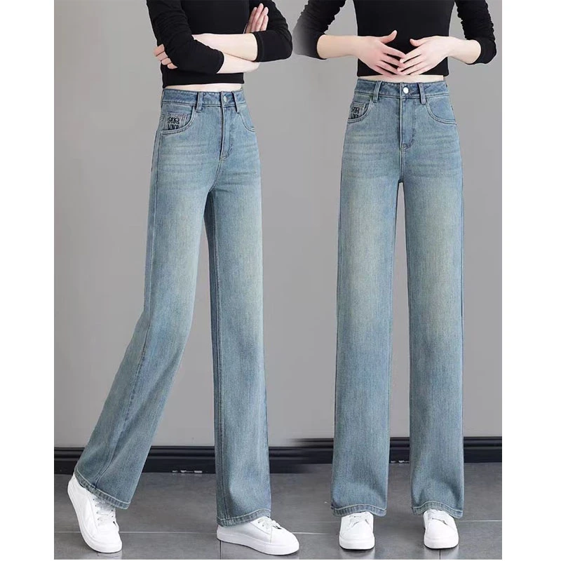 啄木鸟窄版牛仔裤女春夏新款高腰宽松显瘦刺绣直筒裤ins