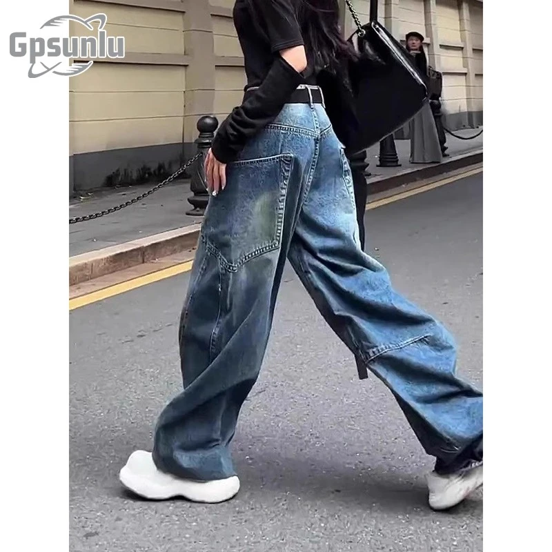 gpsunlu大码复古阔腿工装牛仔裤女夏季显瘦弯刀香蕉裤宽松拖地裤