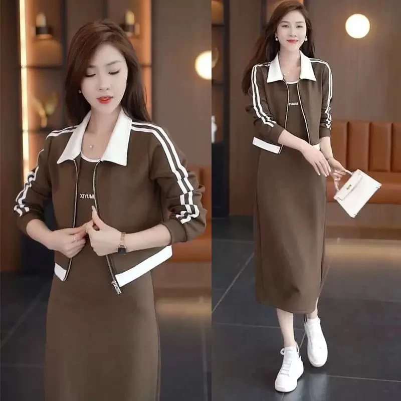 【H443咖黑两件套裙]时尚百搭休闲2025新款洋气款衣