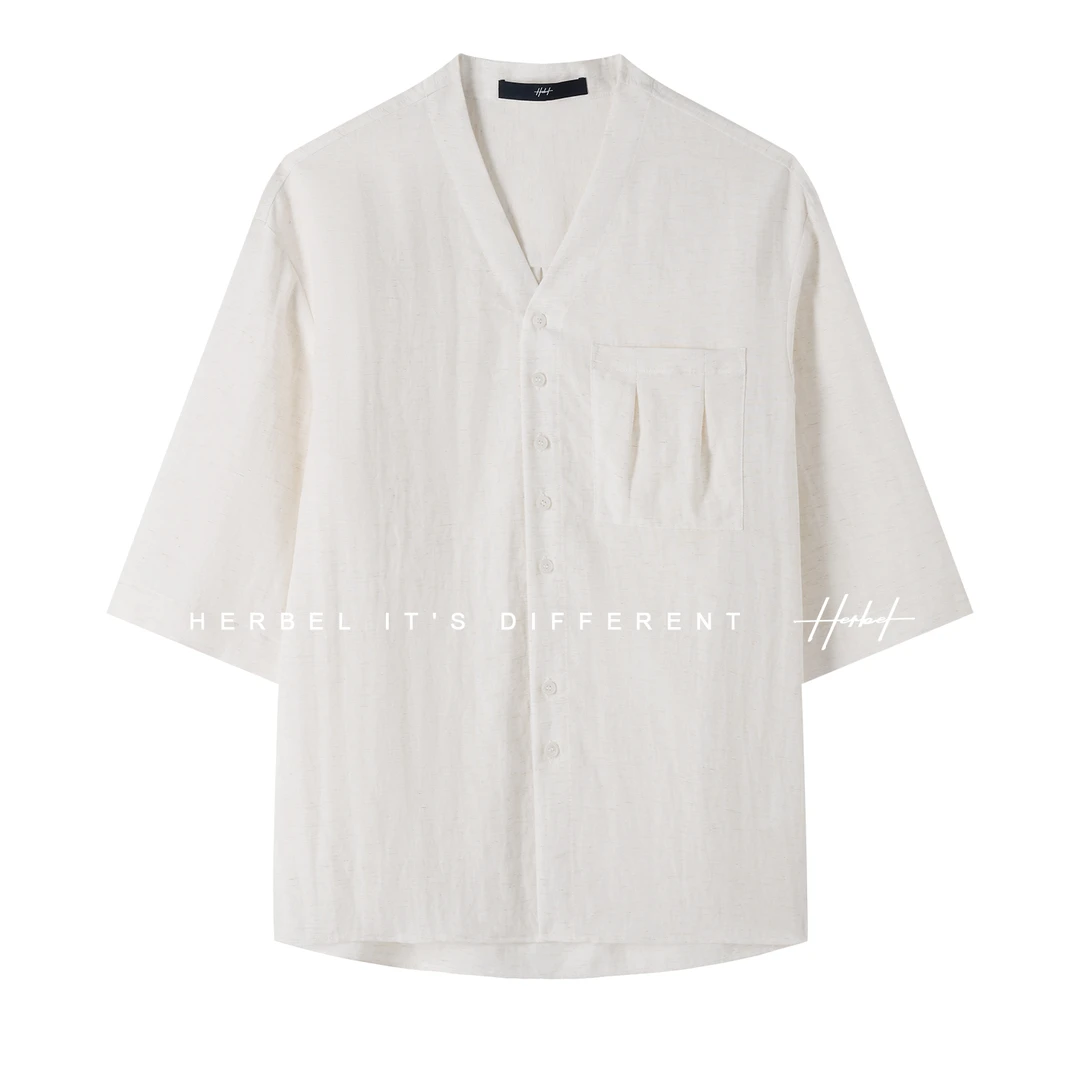 HERBEL/黑白2025夏季凉感衬衫休闲宽松薄款中式衬衣男士