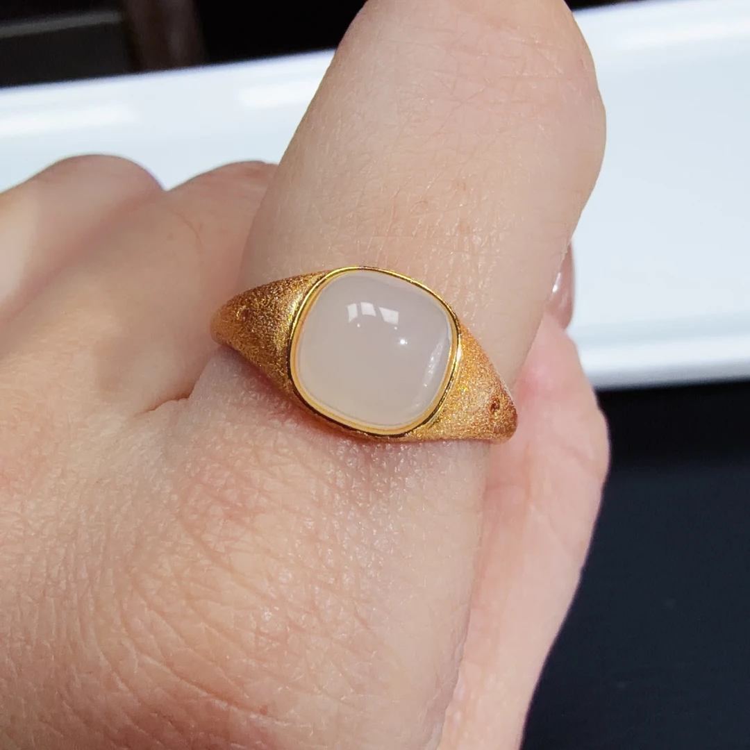 【伟伟鉴定】和田玉 藕粉 银镶 戒指 开口圈 约 8×8 时尚百搭