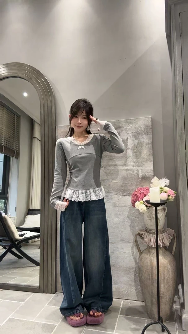 【美子】复古牛仔～春季新款时尚百搭显瘦直筒微阔弯刀水洗蓝牛仔裤