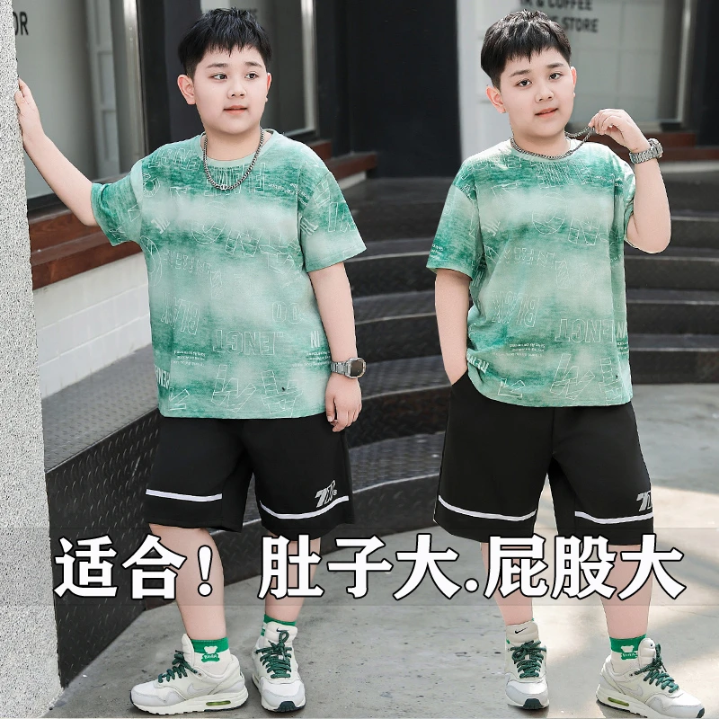 胖男童装短袖套装12-16岁夏季薄款中大童加肥加大码胖男孩运动装8