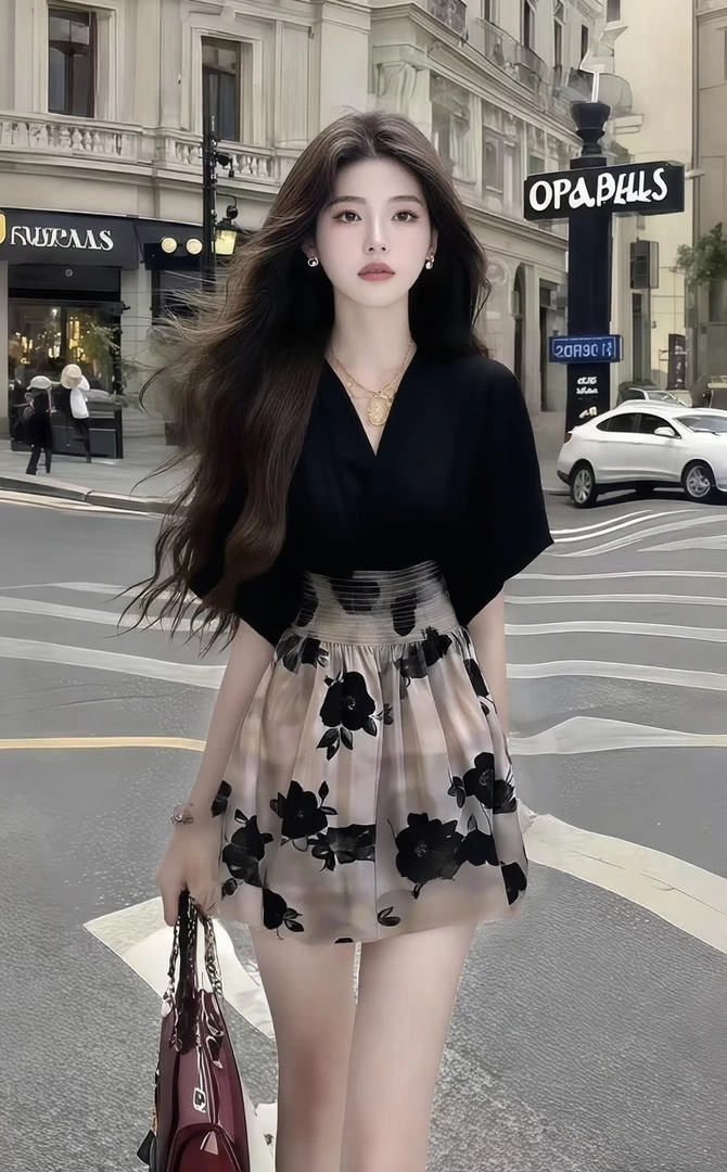 温柔纯欲千金风松弛感V领短袖收腰黑色连衣裙女时尚气质高级女装