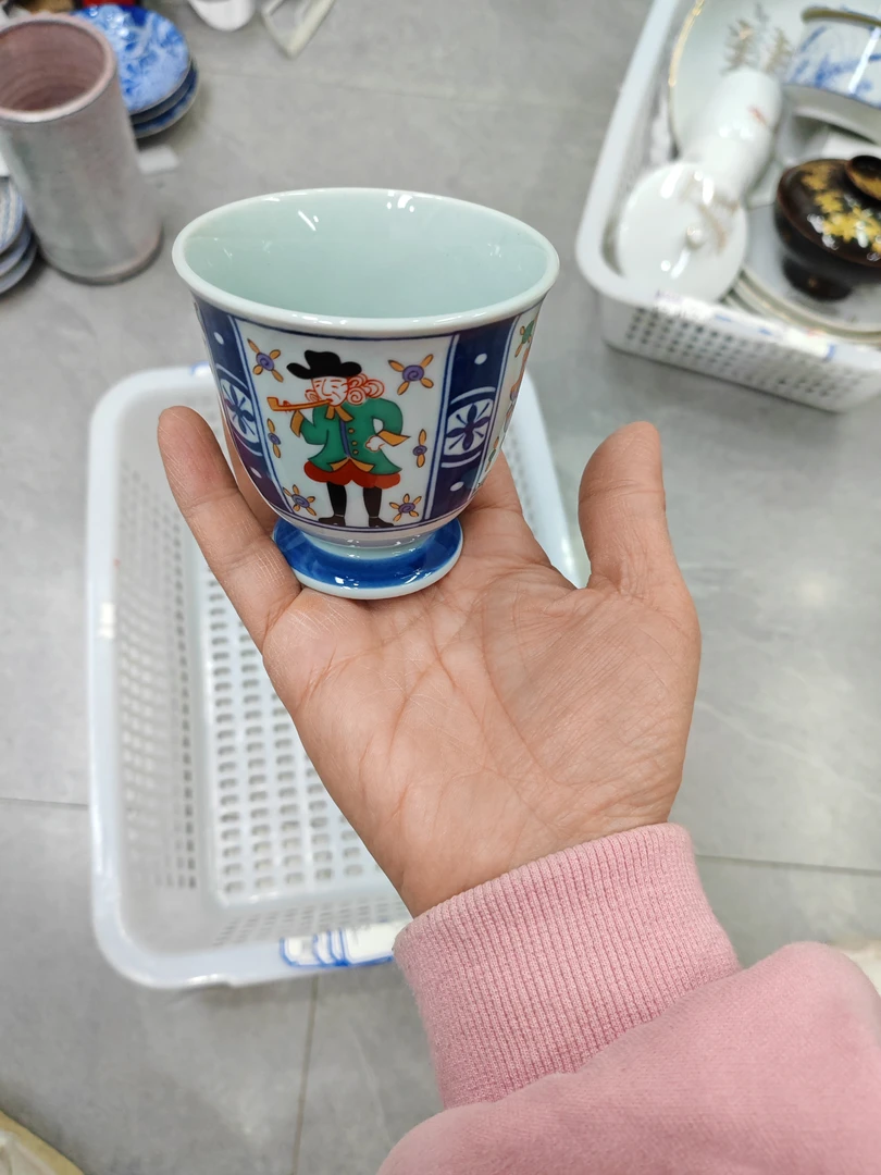 圣山窑青瓷荷兰人画片高足杯中古回流瓷器