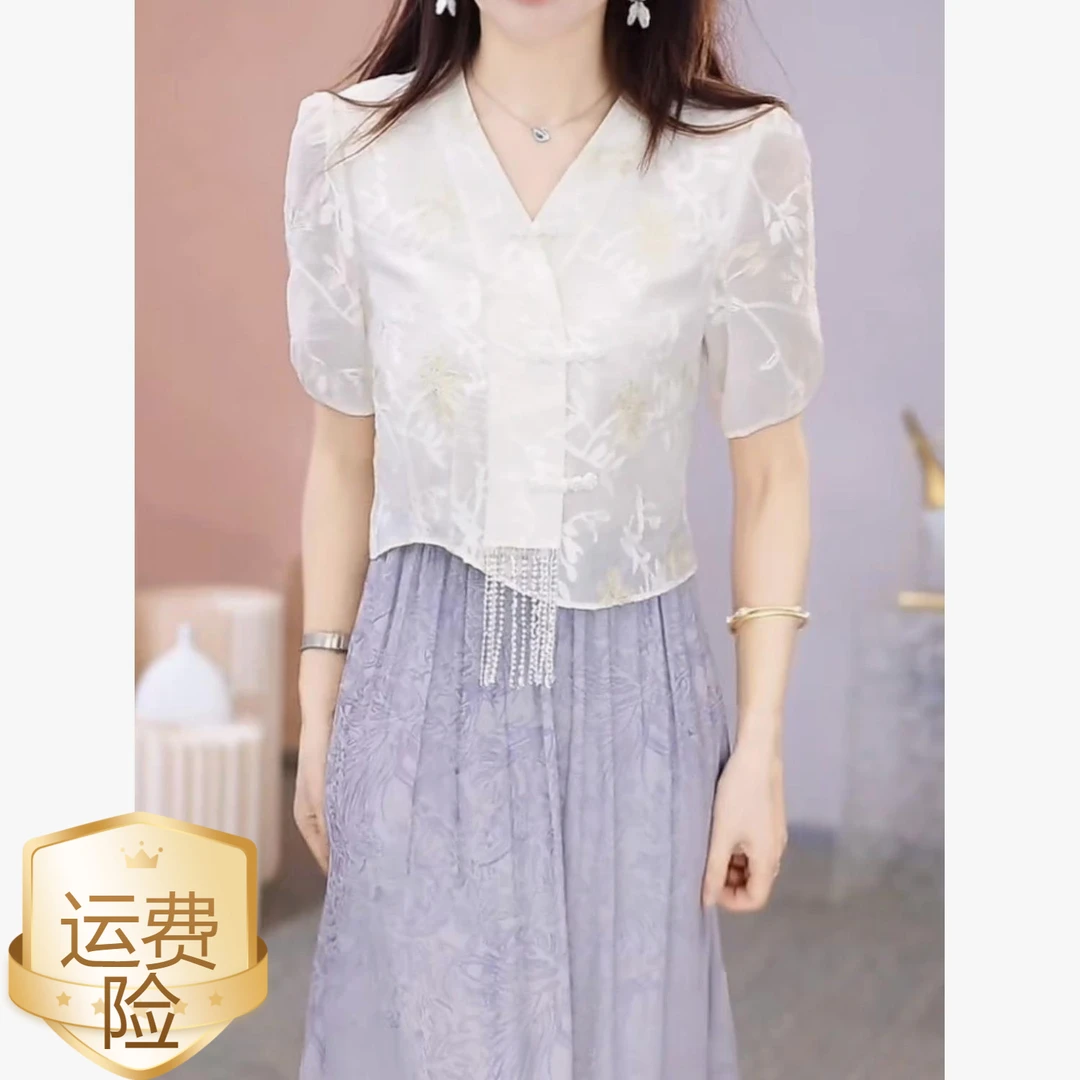 2025新款夏季高级冰丝缎新中式国风礼服裙短袖气质优雅显瘦连衣裙