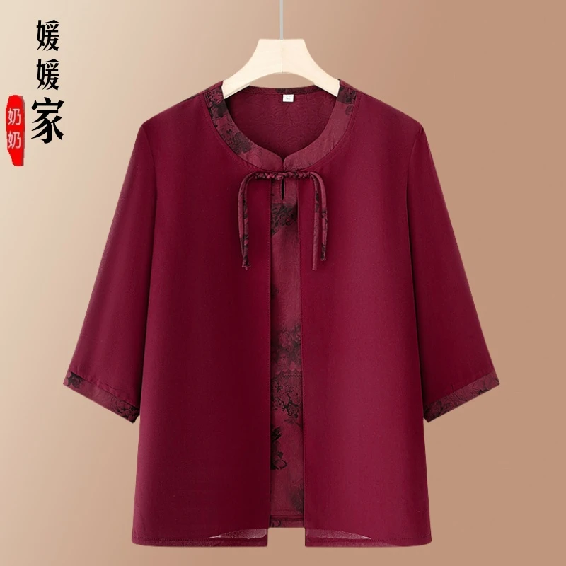 2025春夏季新款中老年假两件复古小衫百搭妈妈显瘦遮肚上衣时尚女