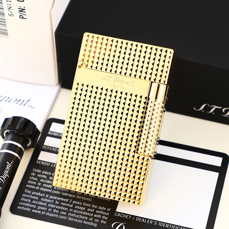 未使用都家镀金格兰德朗声双火可切换火焰钻石菱纹打火机C23009