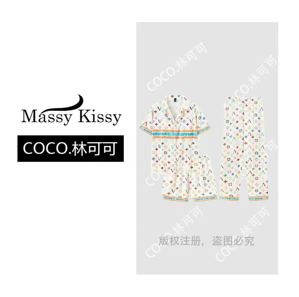 【白三彩】老花冰丝短袖带胸垫睡衣女夏薄款三件套可外穿家居服套装