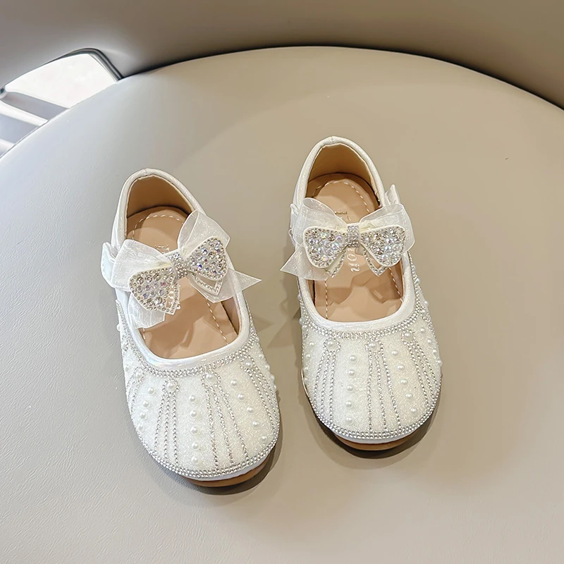望舒家2025春季女童水晶公主单鞋小女孩蝴蝶结洋气百搭小皮鞋002