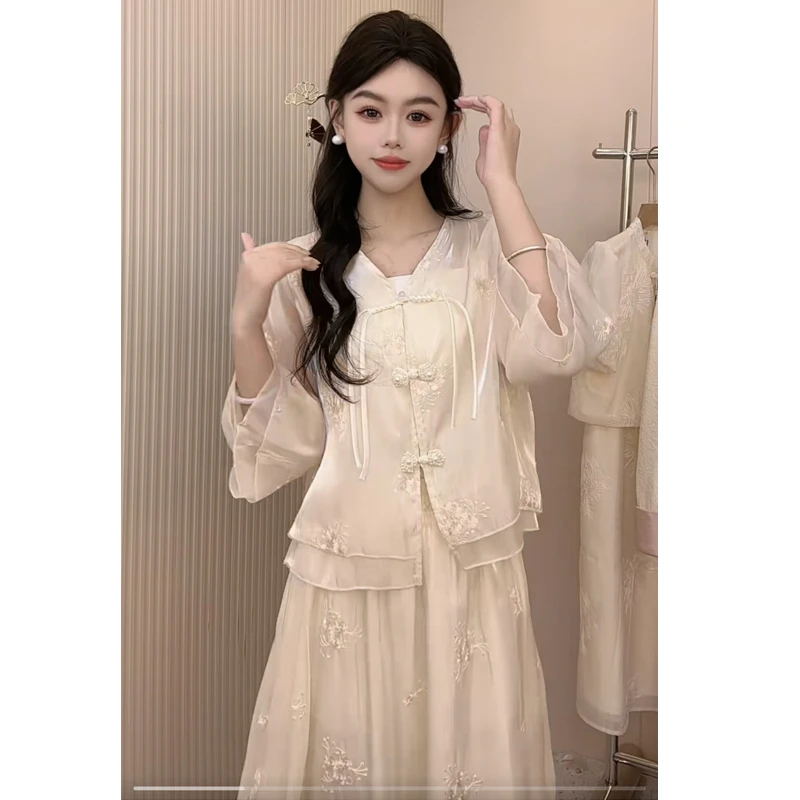 【24048】薄款流云纱新中式刺绣提花流苏盘扣短袖上衣+半身裙套装