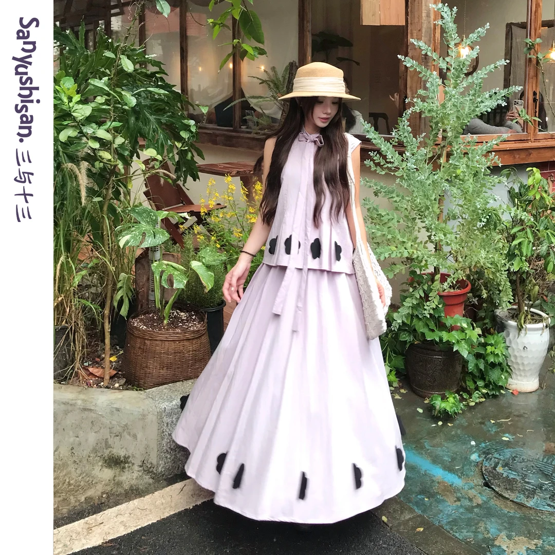 三与十三|小野莓|夏季韩系小花显瘦百搭套装上衣+裙子+围脖三件套