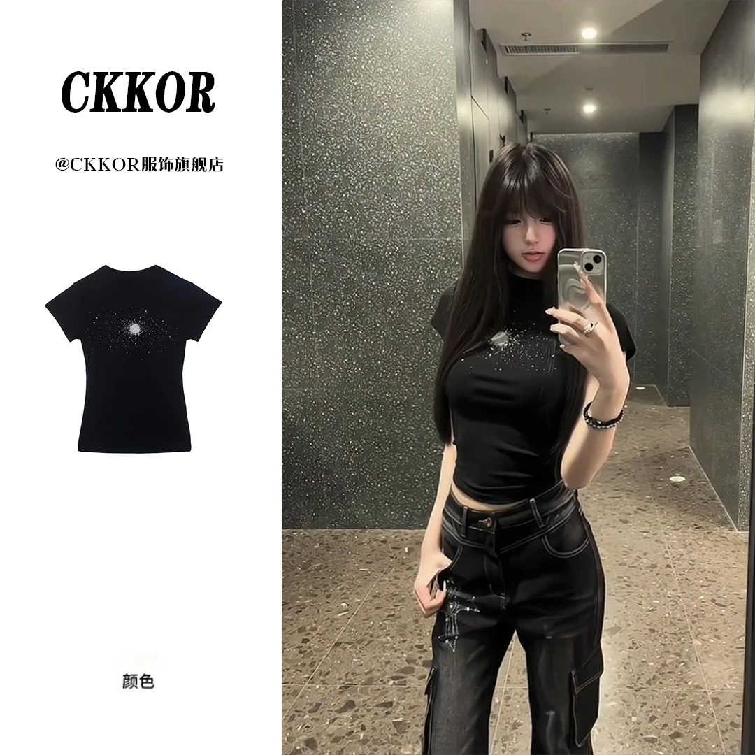 CKKOR夏季新款正肩短袖t恤女韩版时尚设计感辣妹收腰显瘦短款上衣