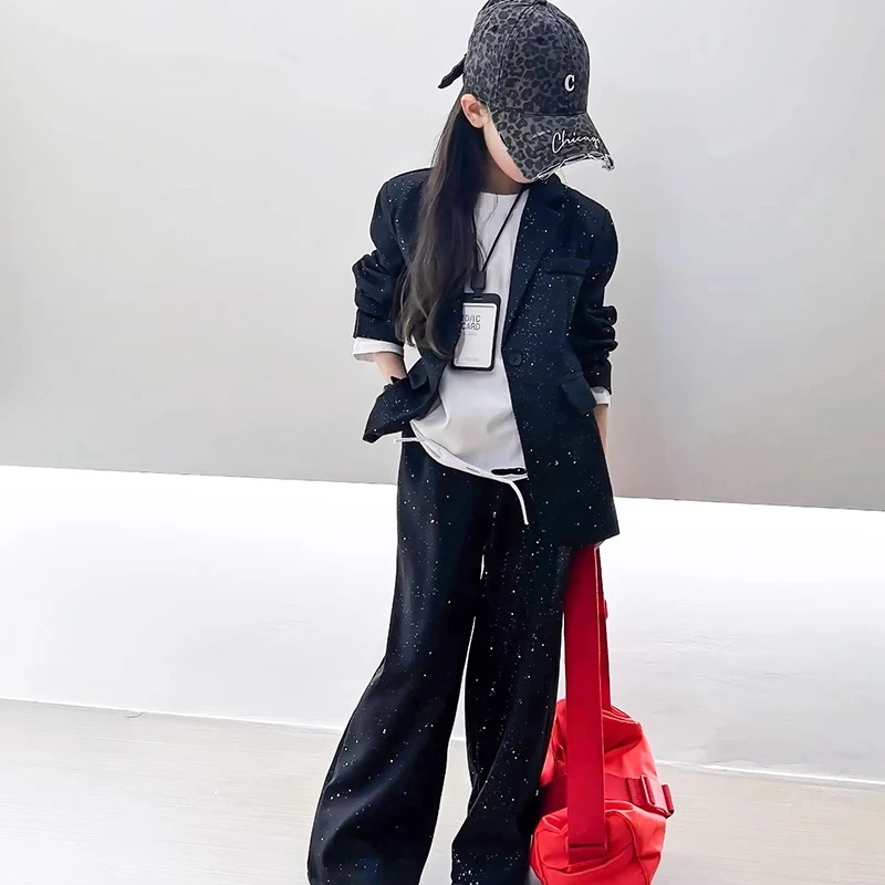 女童撒银春装套装2025新款中大童春秋洋气西服儿童街舞两件套