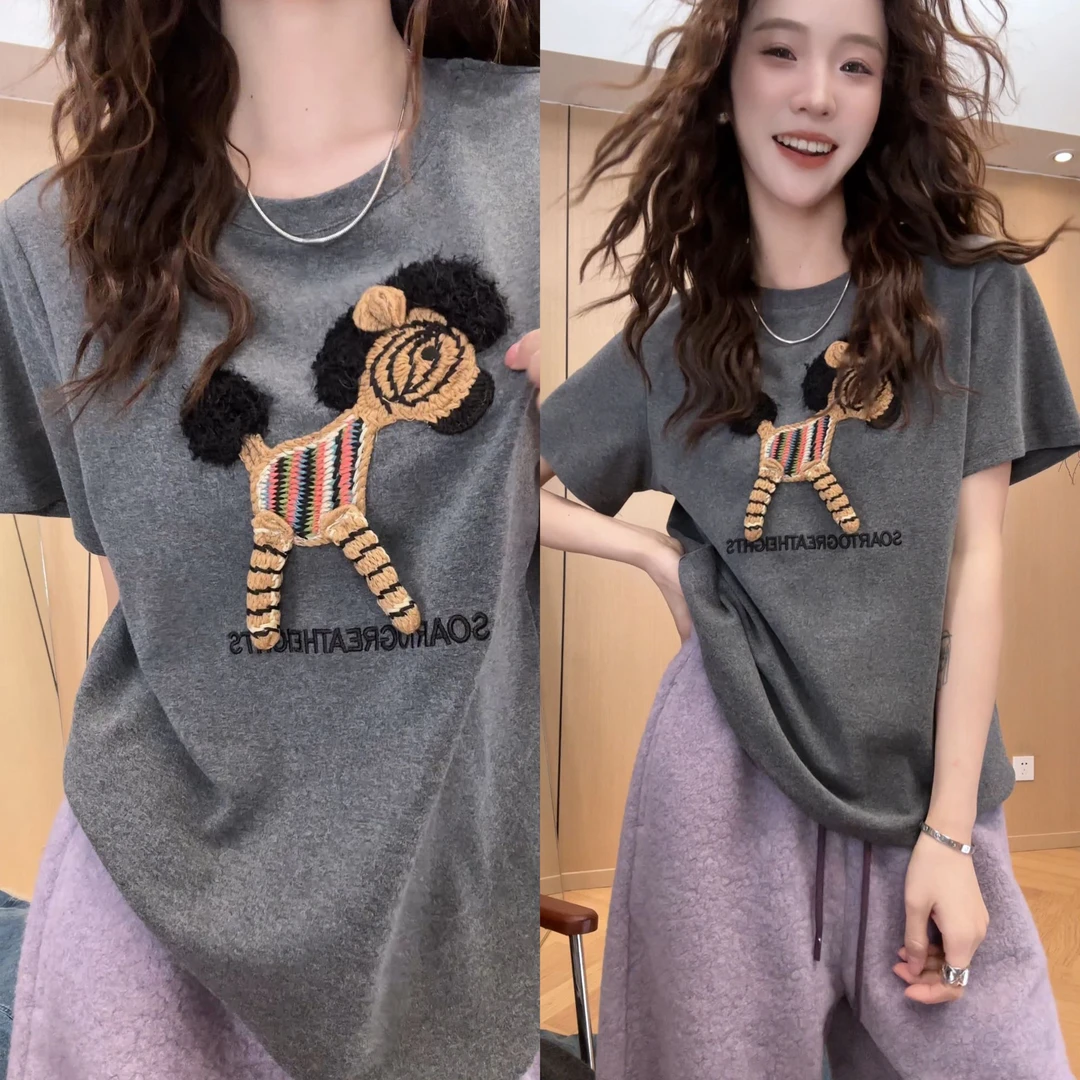 小静静一会【毛绒小马tee】2025秋冬新款百搭加厚上衣 2512C8921