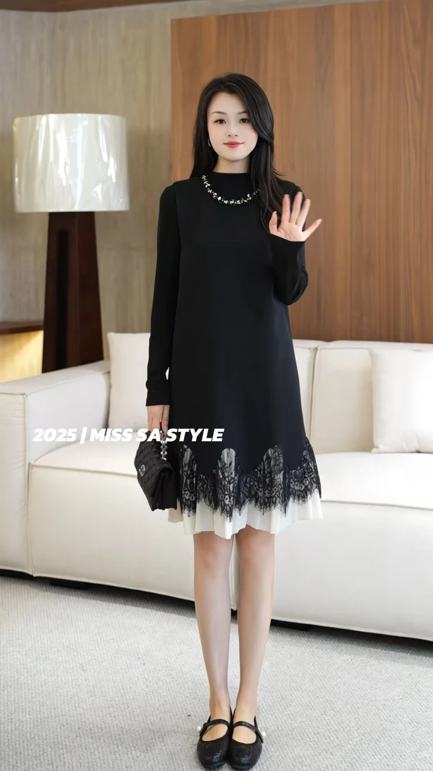 MISS SA 早秋新气质轻奢重工钉珠A版百搭显瘦马甲连衣裙25099516