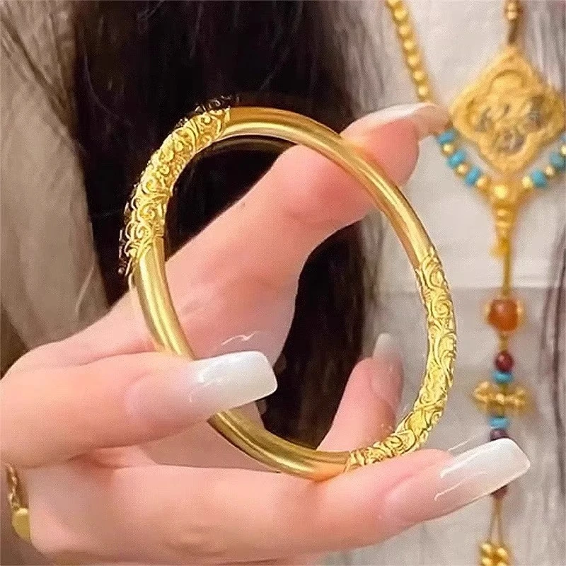 铜合金手镯 新中式精美卷草纹手镯女款不掉色时尚高级感金色镯子