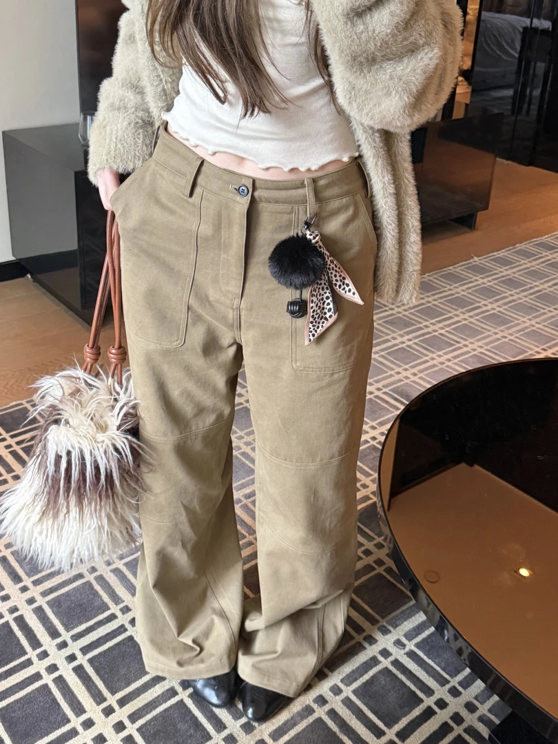 叶子 YEZIYZZ 美式卡其色牛仔裤女秋冬低腰复古阔腿裤休闲裤直筒