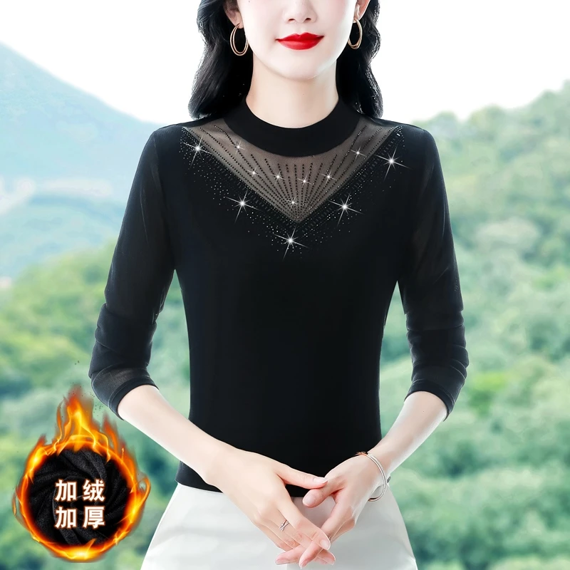 半高领黑色网纱打底衫女长袖内搭t恤春秋冬新款洋气加厚蕾丝上衣