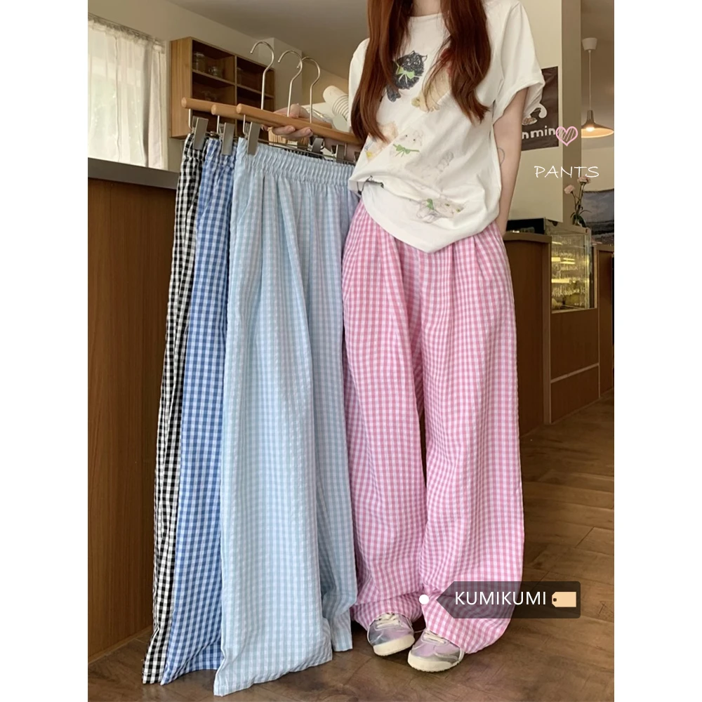 格纹撞色垂感宽松休闲山本裤女夏季高腰直筒裤拖地裤长裤