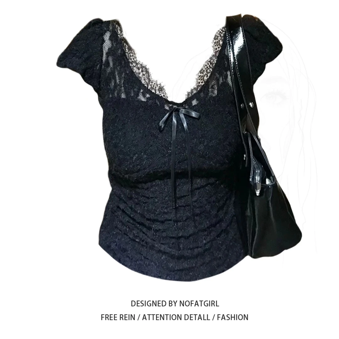 大码胖MM纯欲风黑色蕾丝短袖T恤女夏2025新款修身甜辣妹短款上衣