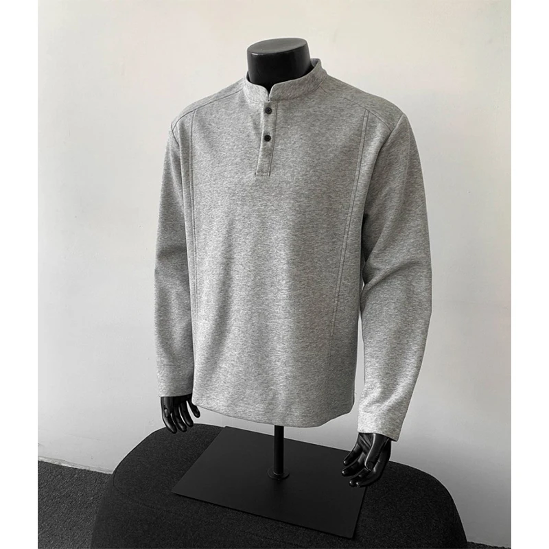 灰色美式亨利领长袖t恤男秋季痞帅高级感卫衣cleanfit内搭打底衫