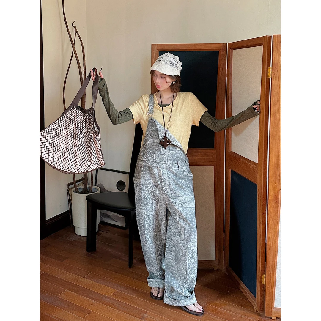 REREK 设计师 25早秋 复古感腰果花休闲宽松可调节牛仔背带长裤