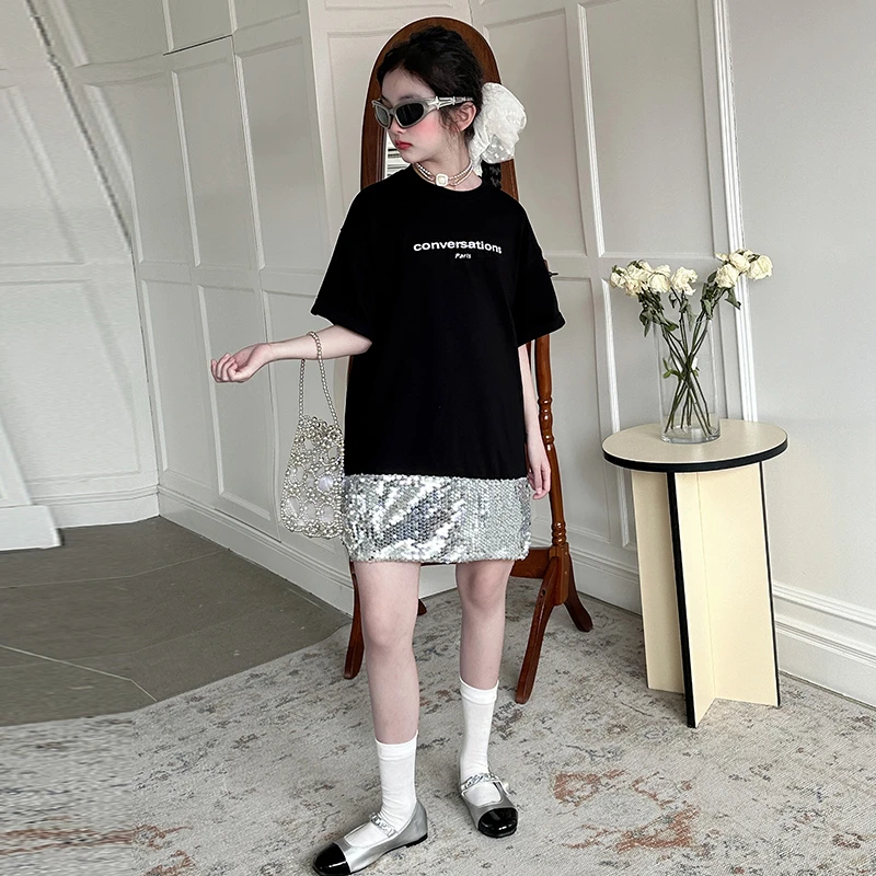 女童夏季连衣裙2025新款洋气时尚裙子6-12岁中大童夏款针织亮片裙