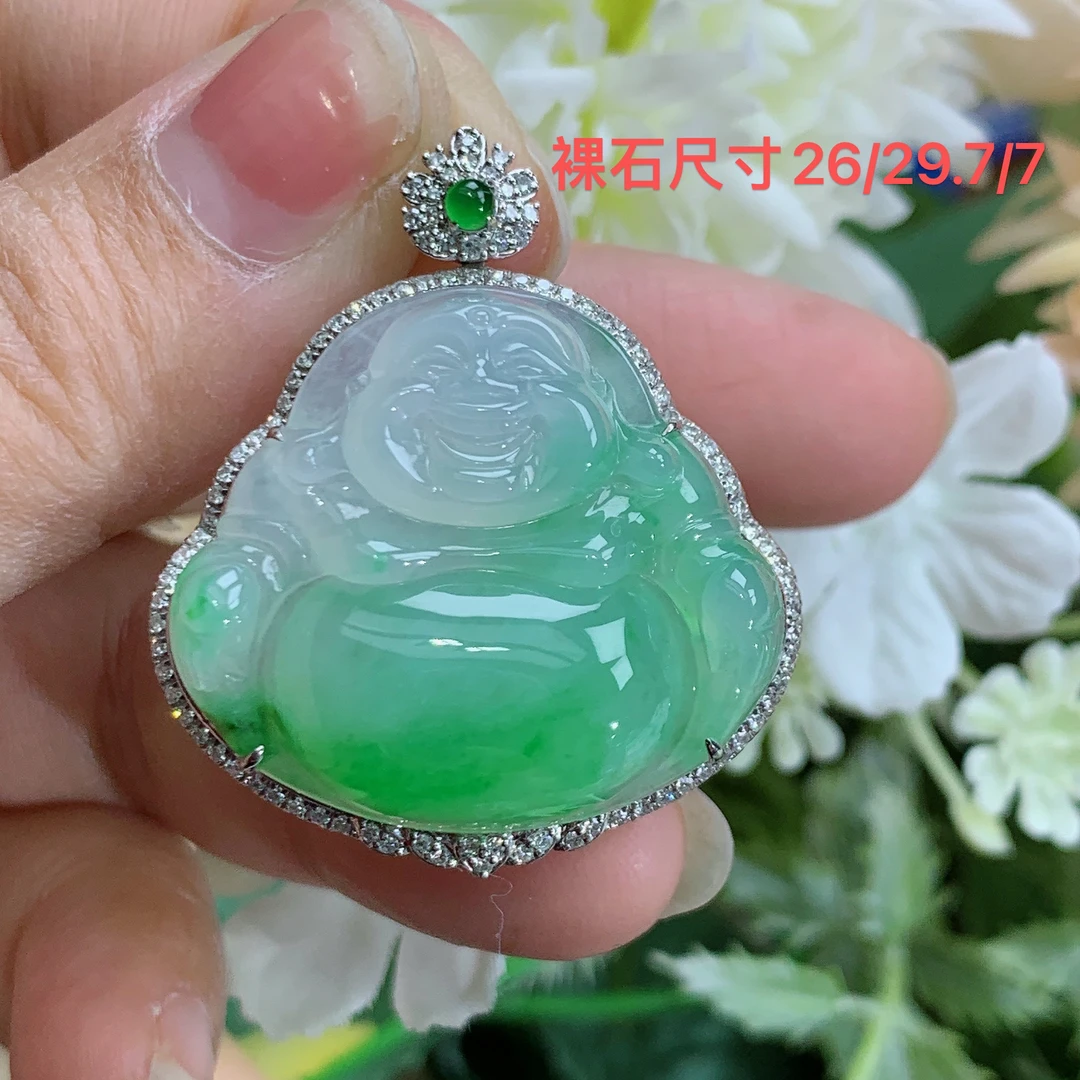 缅甸天然翡翠A货18k冰胶飘阳绿精品佛公吊坠龙尺寸36/31.6/10.8mm