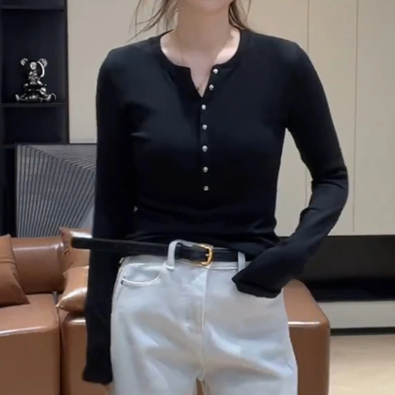 冬季韩系磨毛单排扣显瘦打底上衣百搭时尚T恤LK2507646