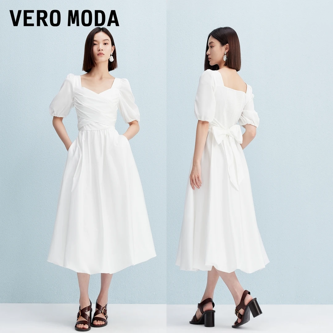 Vero Moda连衣裙【氧气裙】2025新款含棉交叉绑带方领长裙32537D003