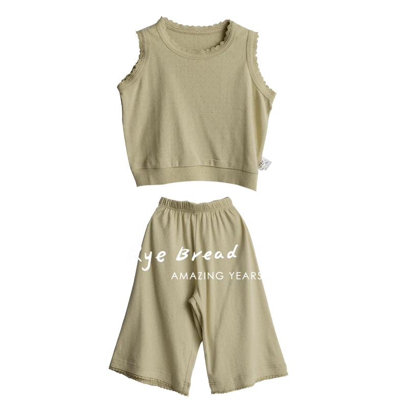 ryebread/黑面包童装 韩系柔顺女小童无袖阔腿裤针织两件套装4夏