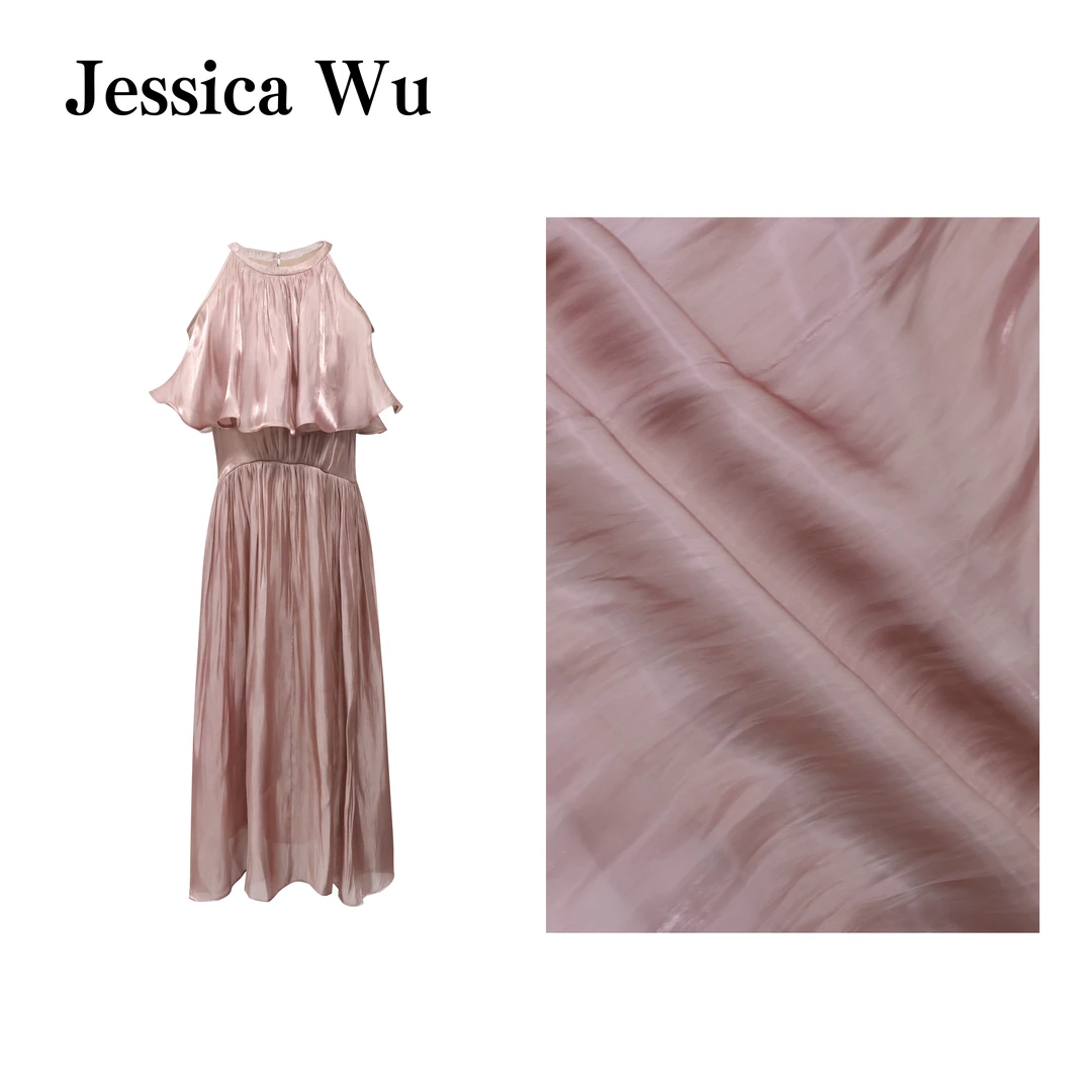 JESSICA WU水波粉仙女裙~高级珠光感小心机露肩度假风温柔连衣裙