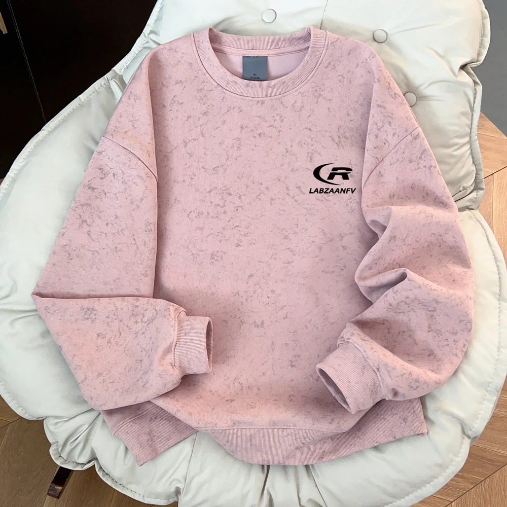 美式秋冬男女款加绒加厚上衣设计感创意印花重磅蜡染粉色圆领卫衣