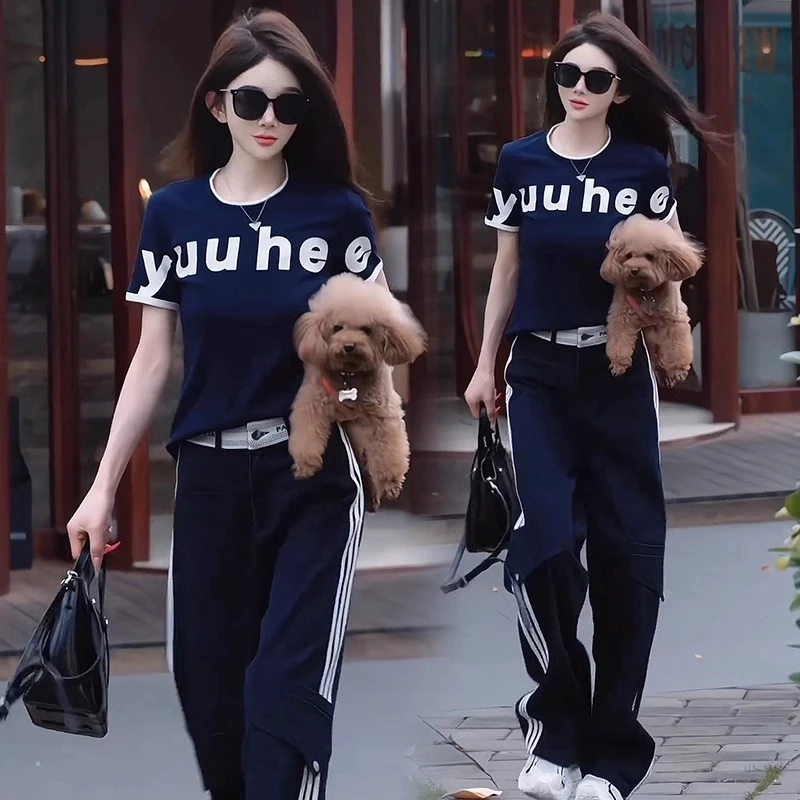 欧货时尚套装女士夏季新款印花短袖T恤上衣宽松工装裤休闲两件套