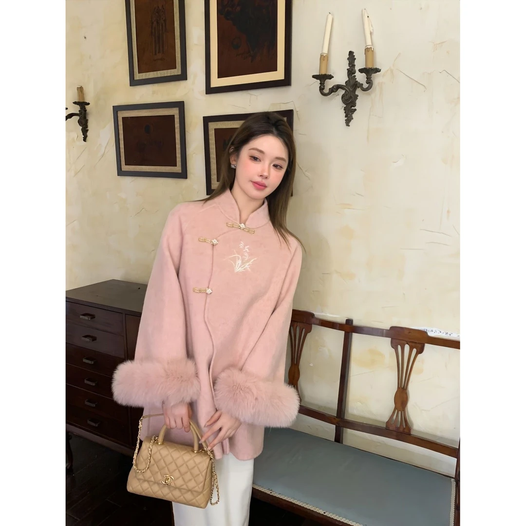 国风刺绣双面羊毛大衣2024秋冬爆款气质千金高级感狐狸毛袖口外套