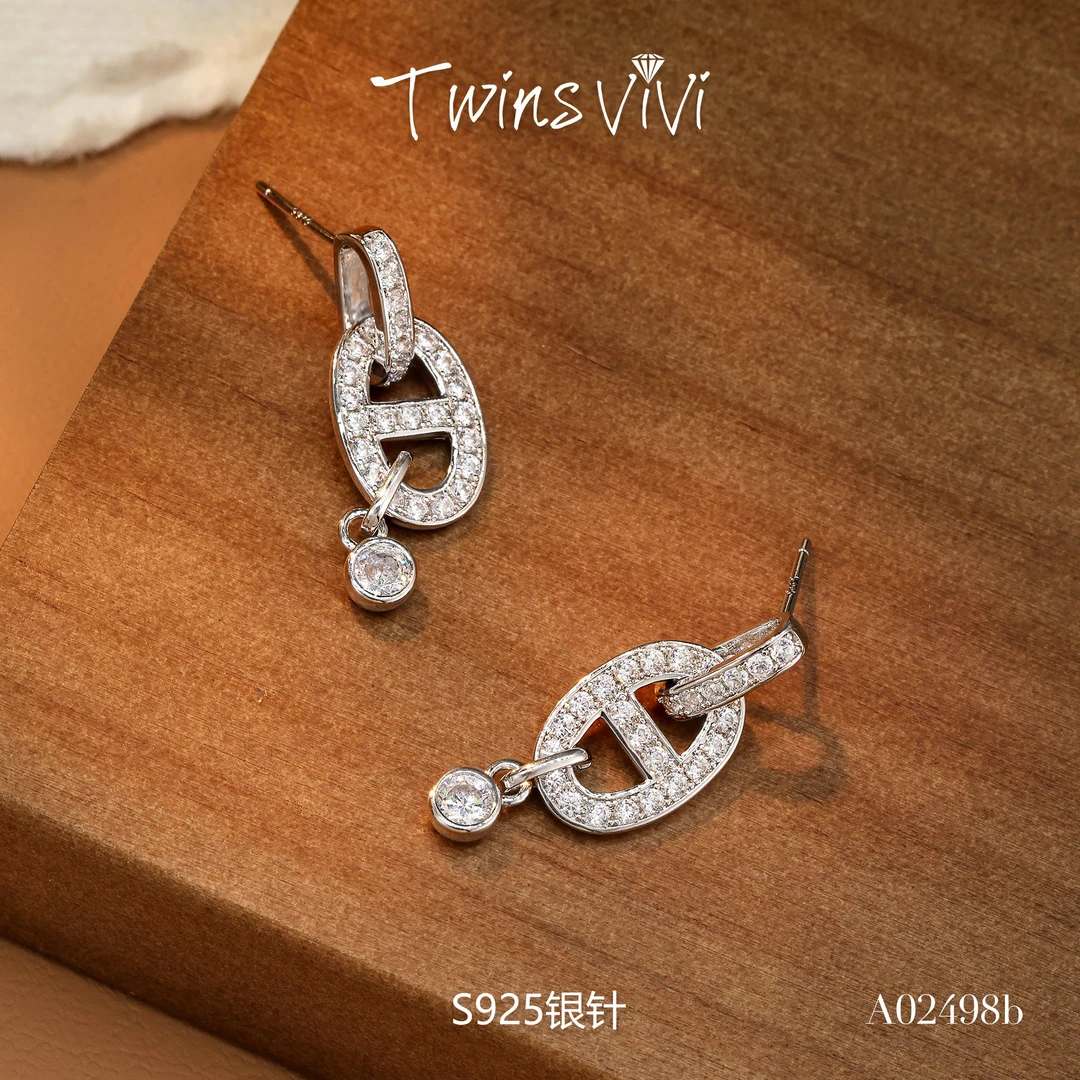 TWINS VIVI 铜合金合成锆石耳饰 镀k金 满镶猪鼻流苏耳钉 A02498